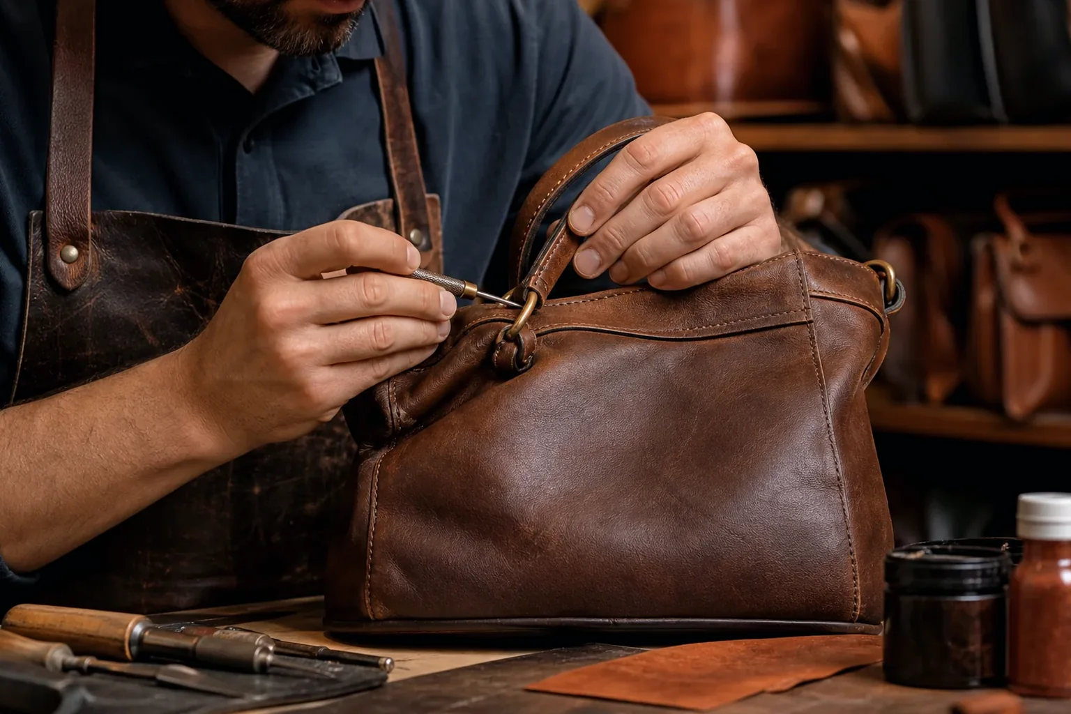 Sapateiro reformando uma bolsa de couro em Colombo.